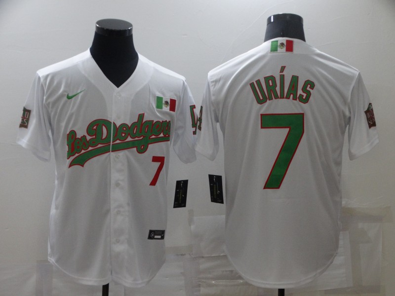 Men's Los Angeles Dodgers #7 Julio Urias White/Green Cool Base Stitched Baseball Jersey Men's Los Angeles Dodgers #7 Julio Urias White/Green Cool Base Stitched Baseball Jersey